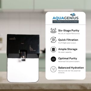 AQUAGENIUS - Vigo + RO Water Purifier - RO + UV + Zinc Copper Alkaline + TDS Controllerler | 15 LPH Output | 10L Storage - Black & White - Image 4