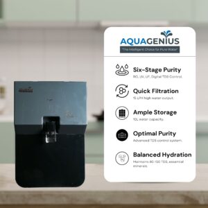 AQUAGENIUS - Vigo + RO Water Purifier - RO + UV + Zinc Copper Alkaline + TDS Controllerler | 15 LPH Output | 10L Storage - Grey & Black - Image 4