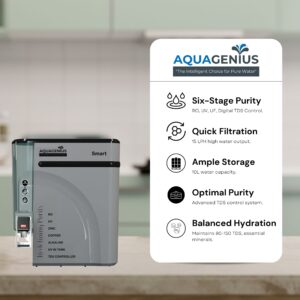 AQUAGENIUS - Smart RO Water Purifier - RO + UV + Zinc Copper Alkaline + TDS Controller | 15 LPH Output | 10L Storage - Grey - Image 4